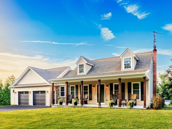 full exterior view of cape style home with front porch and attached two garage at sunset