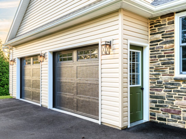 close up of garage entry showing two brown paneled doors, green side door, and exterior lighting