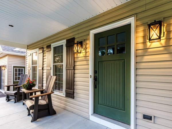 close up of green front door with black lantern sconces and two Adirondack chairs on the porch