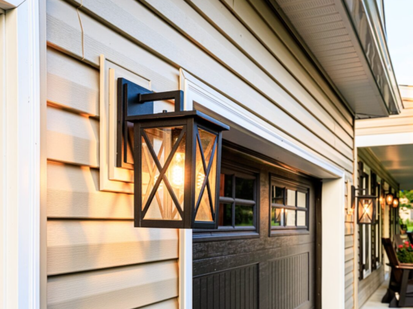 close up of decorative outdoor lantern light mounted beside a garage door at dusk