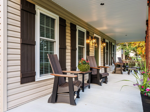 side view of a long front porch with brown shutters, flower planters, and multiple chairs