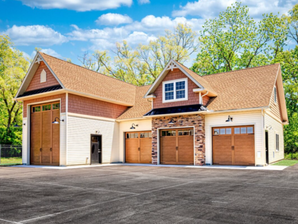 wide view of a custom garage with three standard doors and one tall RV-sized door, tan siding, and stone accents